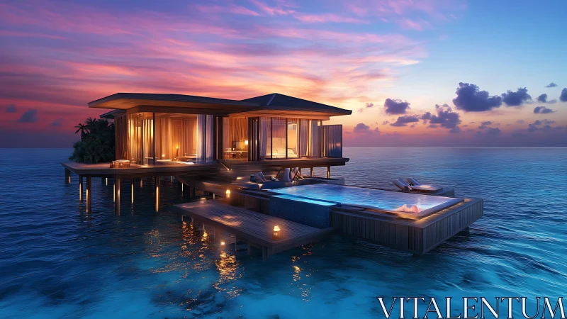 Overwater villa structure is illuminated against an ocean sunset
