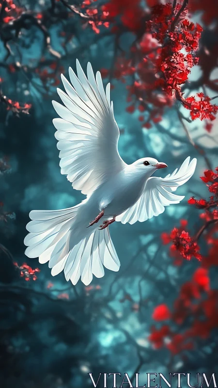 High-key avian flight study amid cyan bokeh forest canopy.