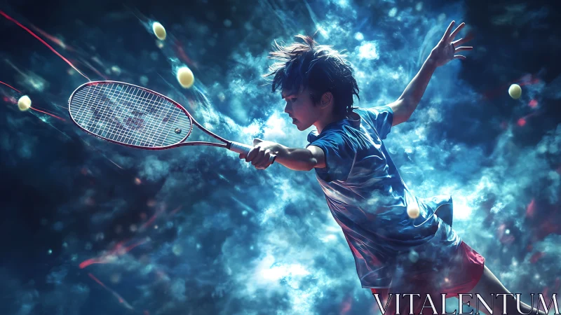 Young tennis player lunges through cosmic light in mid swing