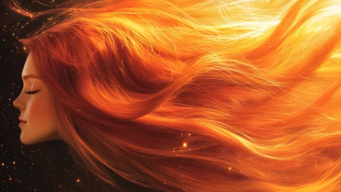 Fiery red hair flows like solar flares through darkness.