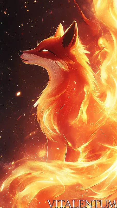 Luminous fire fox profile in swirling ember-lit flames.