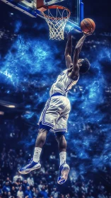 High-altitude basketball dunk with dynamic blue energy field