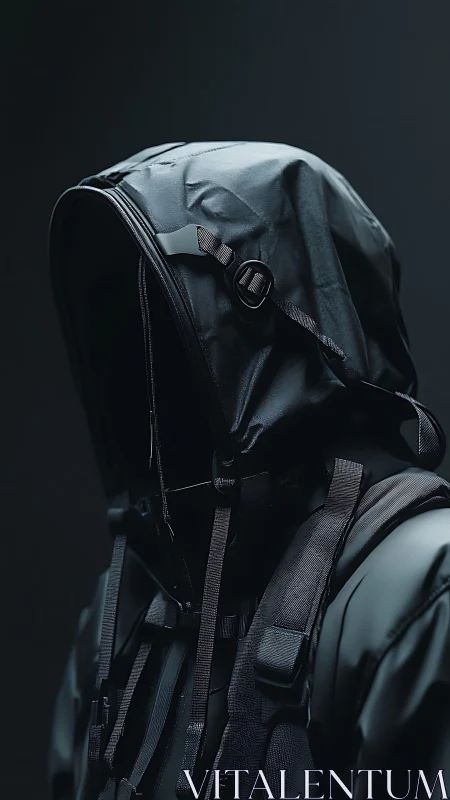 Midnight hooded figure wrapped in sleek tactical shadows.