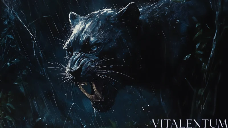 Predatory big cat roaring in rain. Digital rendering.
