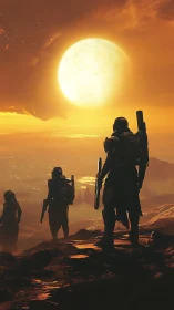 Cinematic sci-fi squad silhouetted under oversized sun.