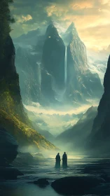 Mystic wanderers crossing a misty river beneath colossal peaks.