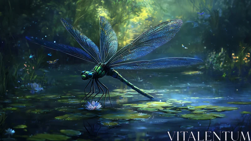 Giant blue dragonfly stands over lily pond in glowing forest
