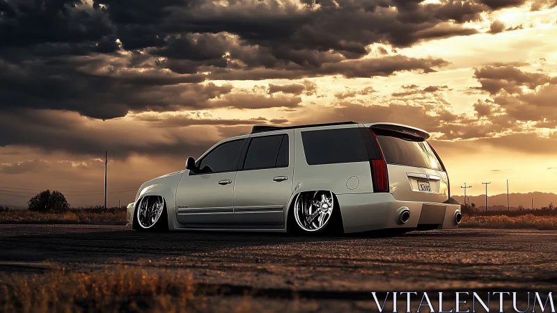 Ultra-low stanced white SUV wagon at sunset on rural asphalt