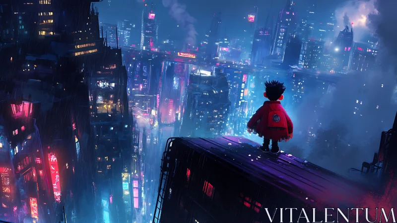 Lone child overlooks dense neon cyberpunk megacity skyline.