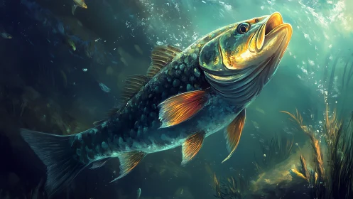 Largemouth bass surges through sunlit freshwater depths