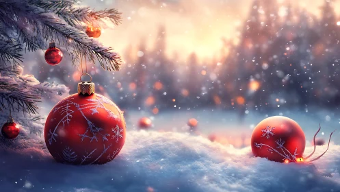 Frosted red baubles rest in snow under glowing winter sunset