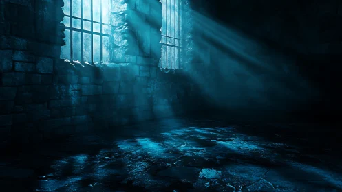 Cold stone prison cell with volumetric blue light beams.