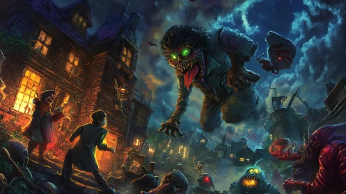 Nighttime monsters swirl above a brave group in a haunted town