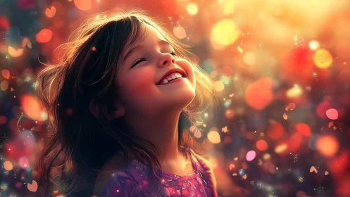 Smiling child bathes in glowing bokeh lights of pure joy