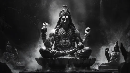 Monochrome Shiva statue in ethereal cavern smoke glow.