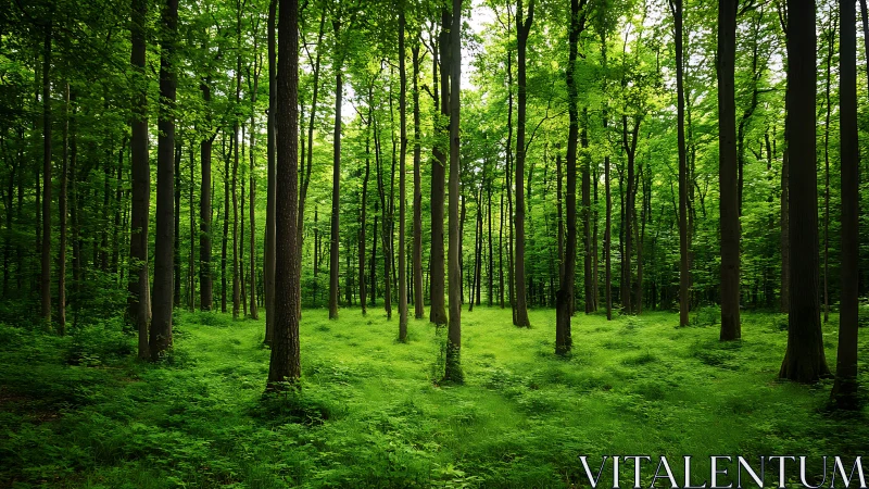 Lush green forest scene with tall trees in natural daylight.