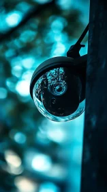 Security Camera Lens Refraction in Cyan Light.