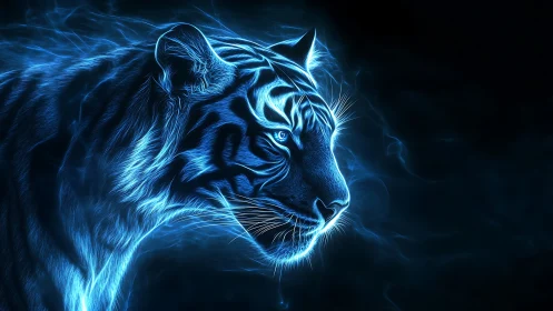 Neon blue tiger profile rendered with electric energy lines.