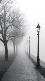 Fog-obscured riverside promenade uses linear perspective depth