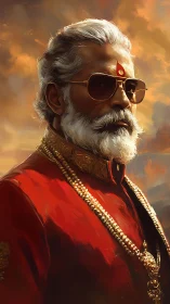 Regal elder in red attire gazes through sunset light.