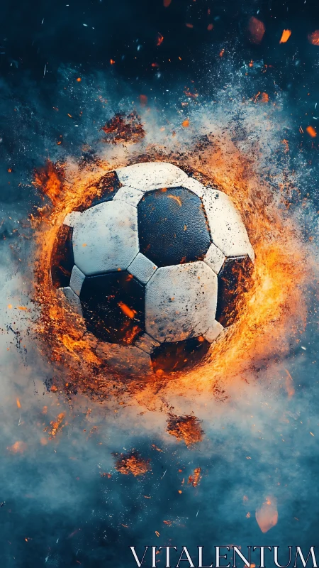 Exploding soccer ball surrounded by bright fire and smoke.