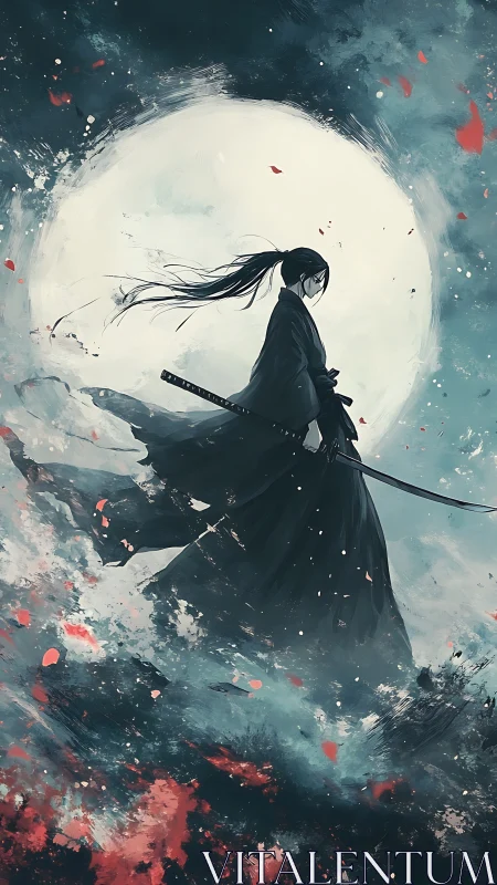 Lone samurai strides before a moon of swirling stormlight