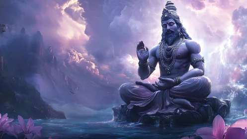 Mythic ascetic seated over misted lagoon in luminous stillness.