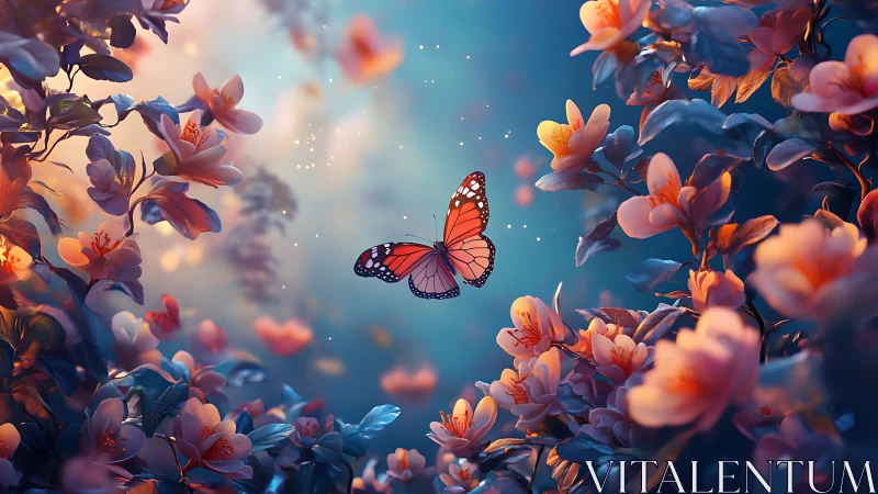 Gentle butterfly drifting through glowing twilight blossoms.