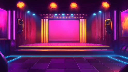 Neon lit interior performance stage with empty dance floor.