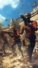 Skeletal soldiers advancing with pistols in dusty ruins.