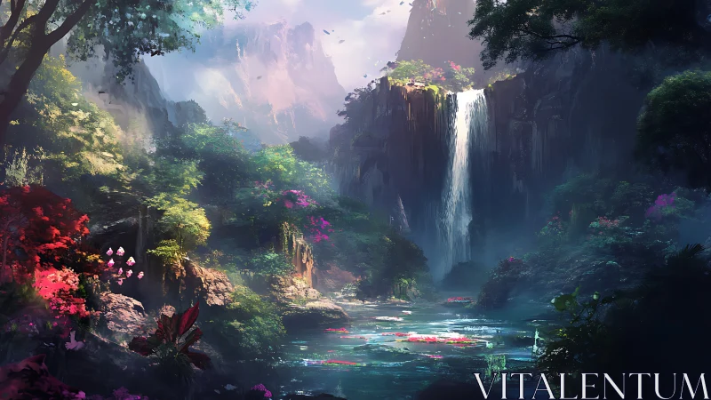 Lush fantasy canyon with tall waterfall and lagoon.