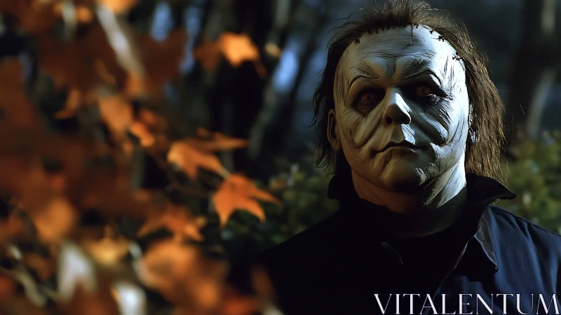 Masked figure stands in dim autumn forest with blurred leaves