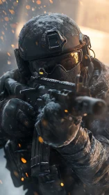 Snow-covered tactical soldier aims rifle under flying sparks