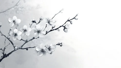 Botanical illustration of delicate cherry blossoms with detailed monochromatic rendering