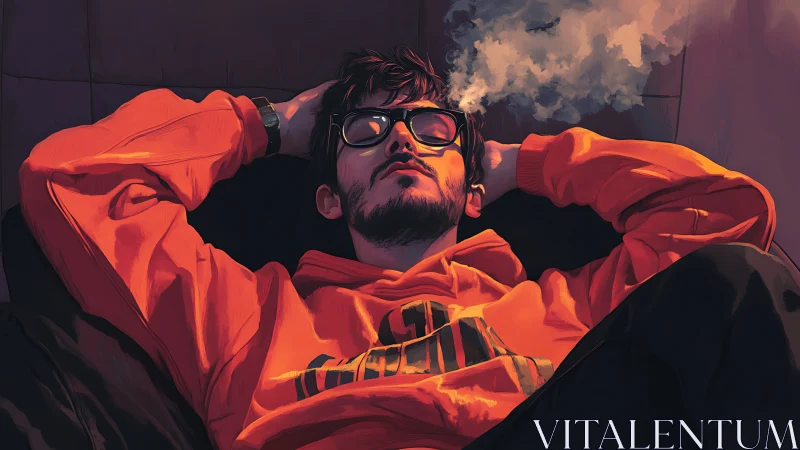 Man reclines on dark surface wearing orange hoodie and glasses