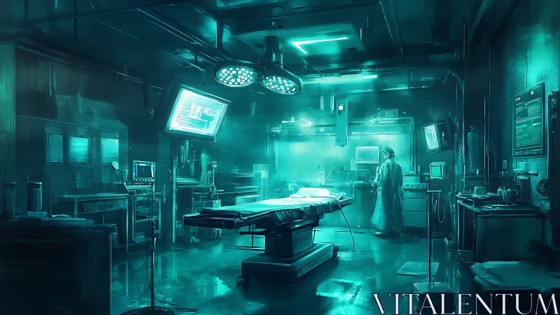 Futuristic surgical operating room with illuminated medical tech.