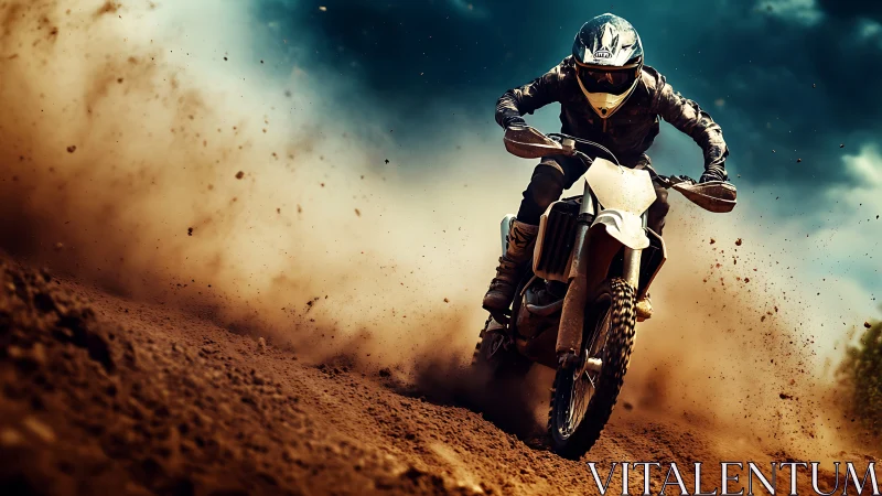 Motocross rider powers through flying dirt under stormy sky
