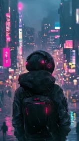 Neon soaked wanderer pauses in a glowing midnight city rain