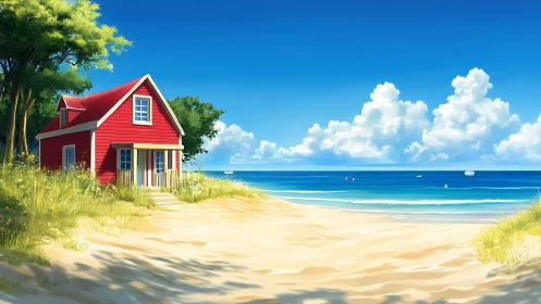 Red Beachside Cottage Overlooking Ocean.