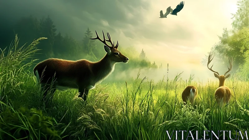 Gentle deer in sunlit meadow wrapped in soft morning mist.