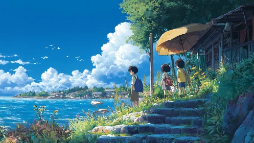 Children on stone path overlooking coastal summer town.