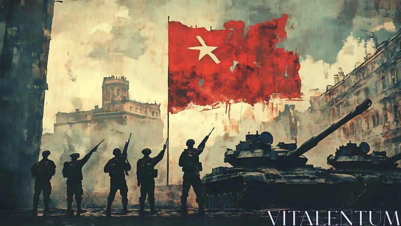 Armored column and soldiers salute worn revolutionary banner