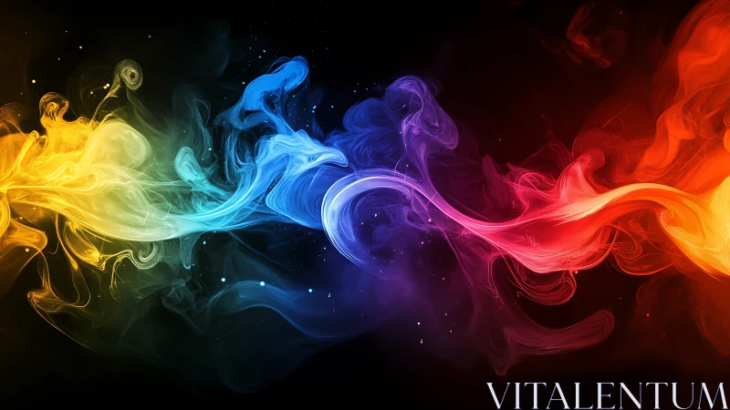 Flowing rainbow smoke drifts across a deep black night sky