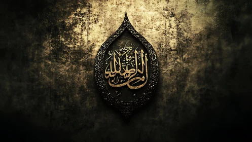 Golden Arabic calligraphy glowing in ornate teardrop frame.