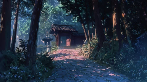Sunlit forest path leading to tranquil wooden temple gate.