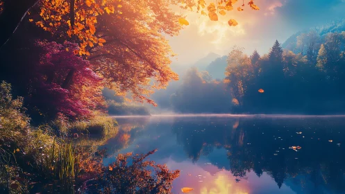 Radiant autumnal lakeside under volumetric sunrise lighting.