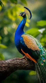 Male Indian peafowl on branch, iridescent plumage profile