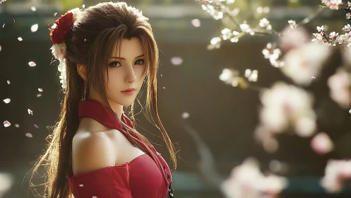 Petal-wreathed heroine in springlight reverie gaze.