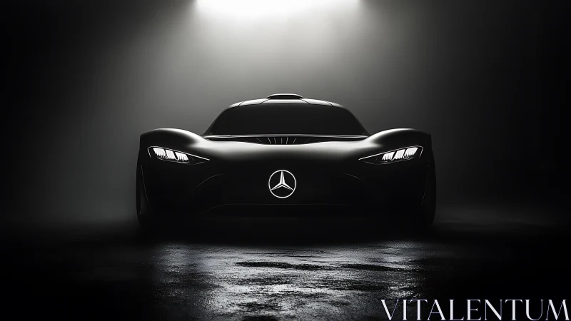 Midnight spotlight on a sleek, futuristic Mercedes coupe.