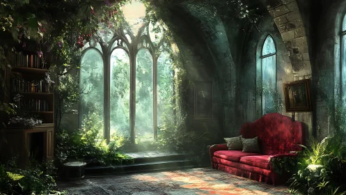Overgrown gothic interior with red sofa and tall windows.